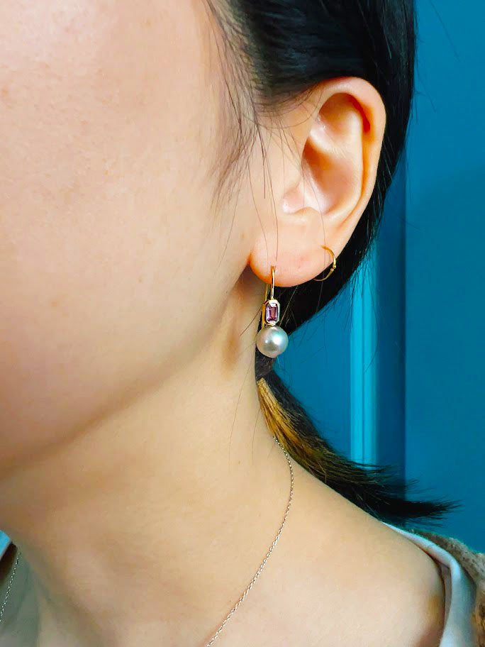 kerama pearl × pink sapphire hook earring / K18 (両耳)