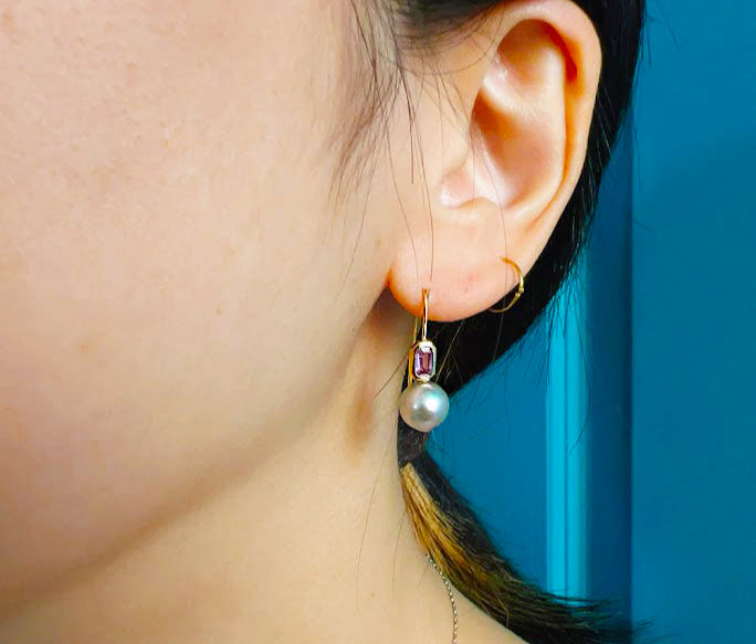 kerama pearl × pink sapphire hook pierced earring / K18 (両耳)