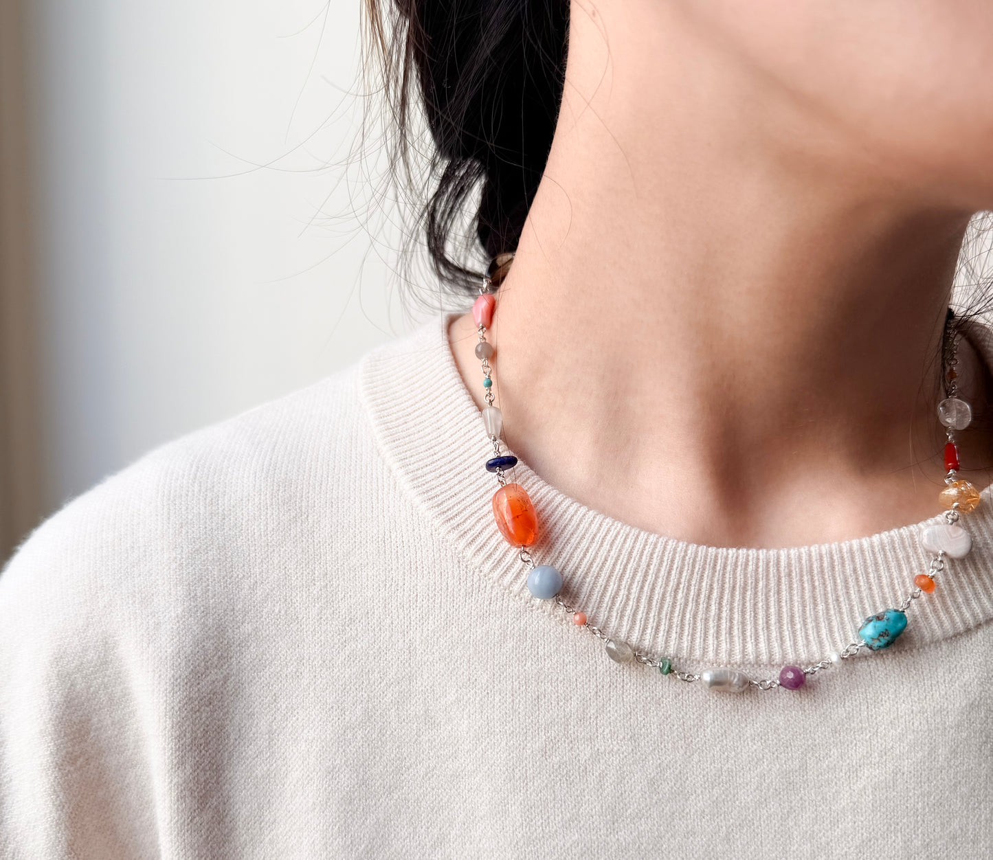 multi stone necklace / Silver (45cm)