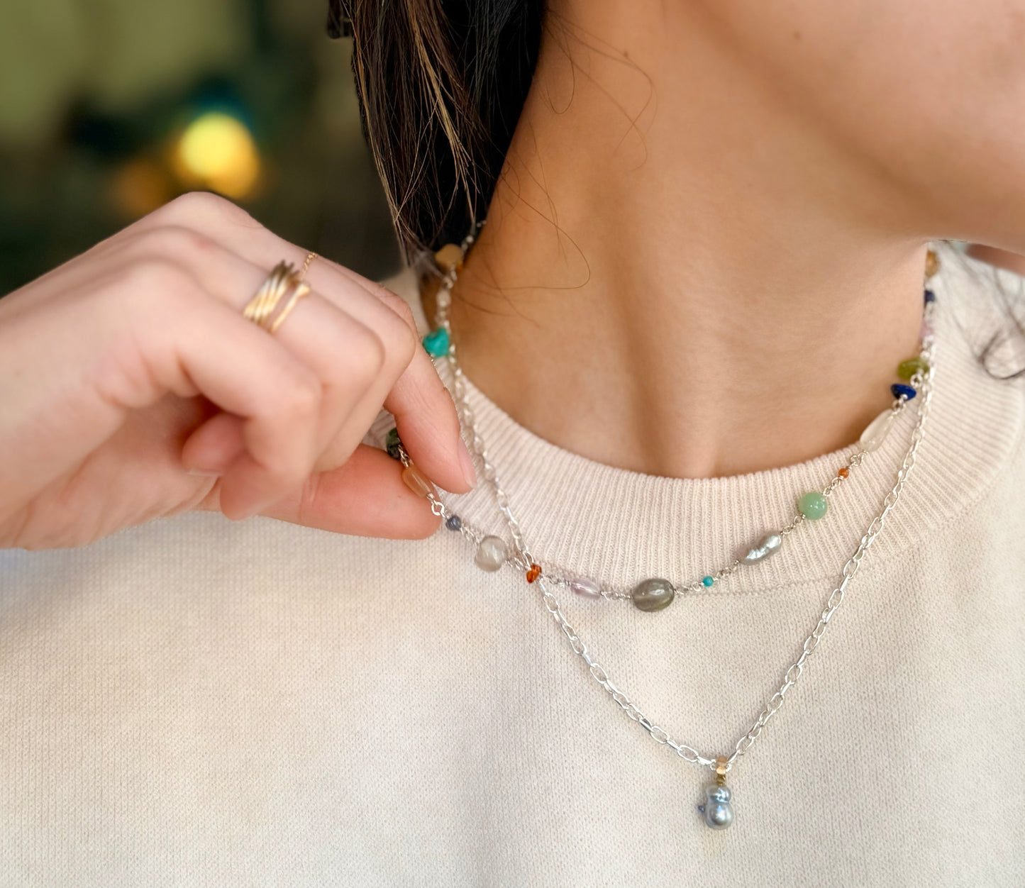 multi stone necklace / Silver (45cm)