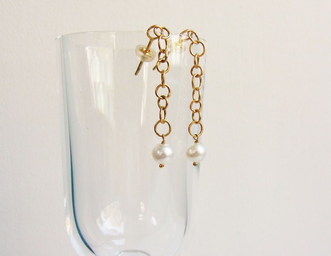 bubble chain pearl earring /K18 (long/片耳）