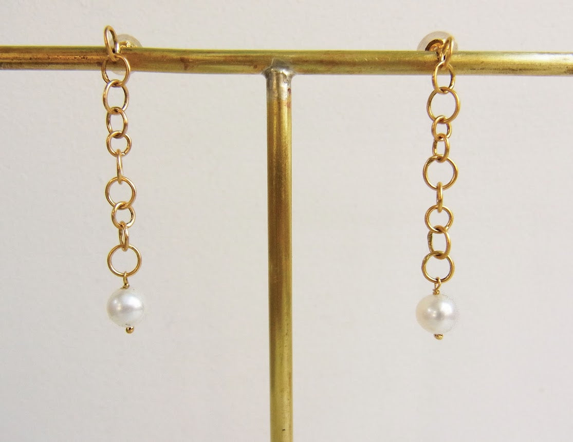 bubble chain pearl earring /K18 (long/片耳）