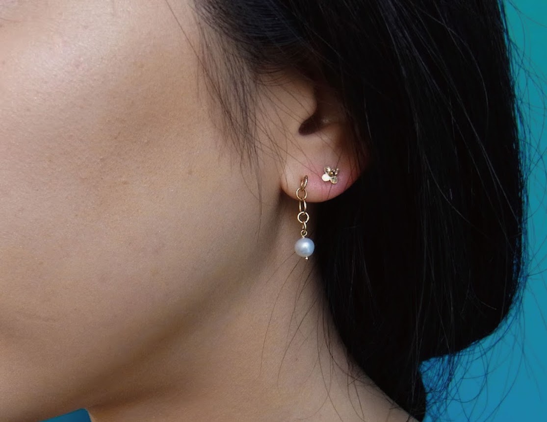 bubble chain pearl earring /K18 (short/片耳）